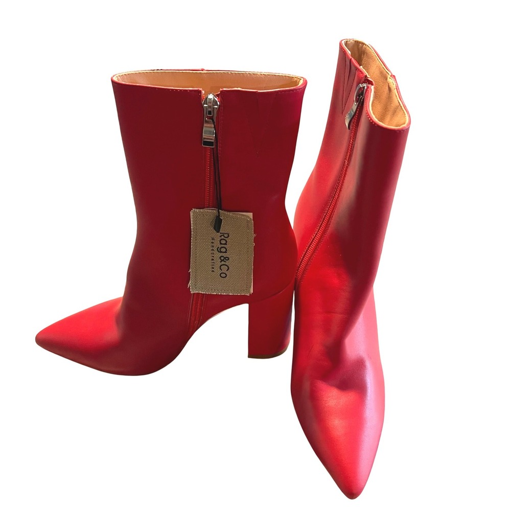 Rag & Co Ankle Boots Womens 7 Red Pointed Toe Block Heel Side Zip Modern Booties